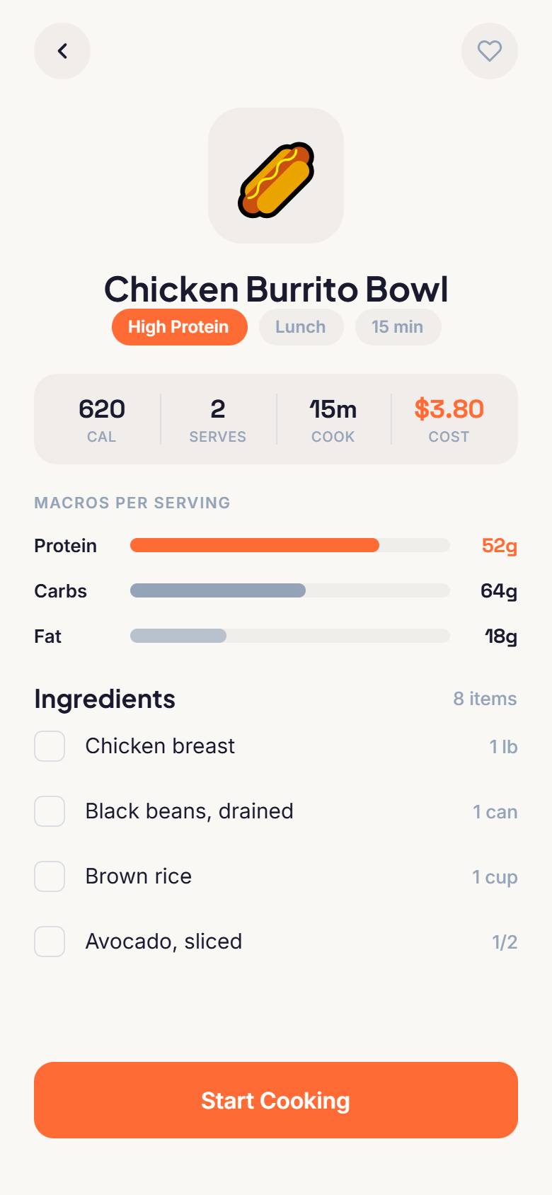 Gust AI recipe with macro breakdown