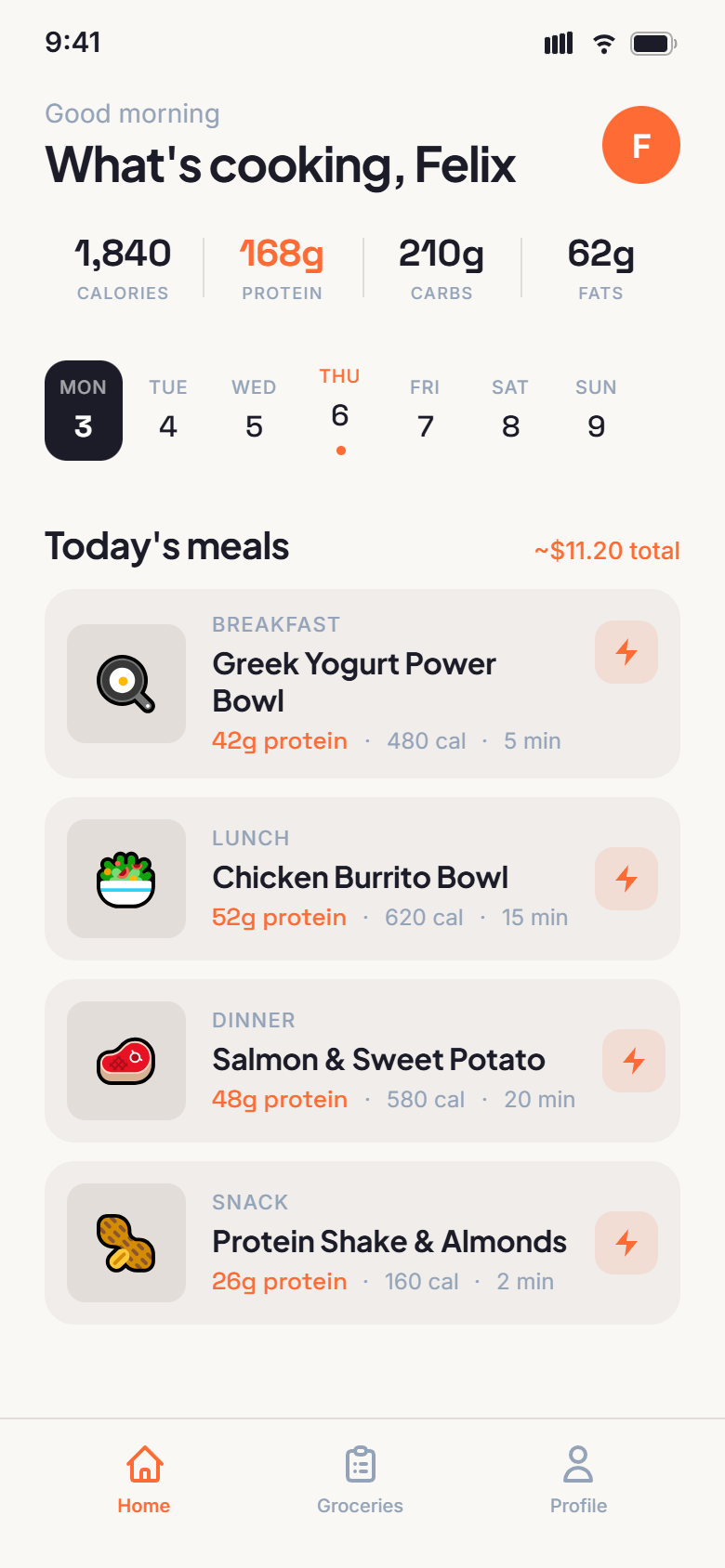Gust AI weekly meal plan showing Monday through Sunday with high-protein meals